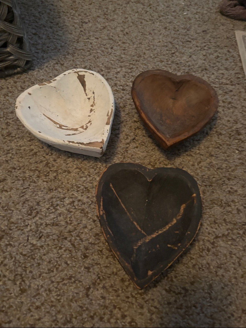 Set of 3 Heart-Shaped Wood Bowls - White, Brown, Black